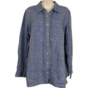 Talbots Plus Womens 100% Linen Casual Long Sleeve Button Up Blue Shirt Top 0X /X